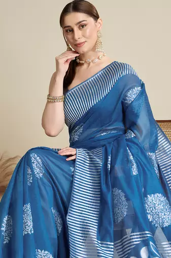 Blue woven cotton silk jacquard saree with blouse piece