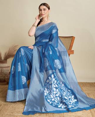 Blue woven cotton silk jacquard saree with blouse piece 3