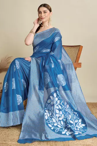 Blue woven cotton silk jacquard saree with blouse piece
