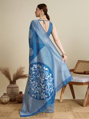Blue woven cotton silk jacquard saree with blouse piece 5