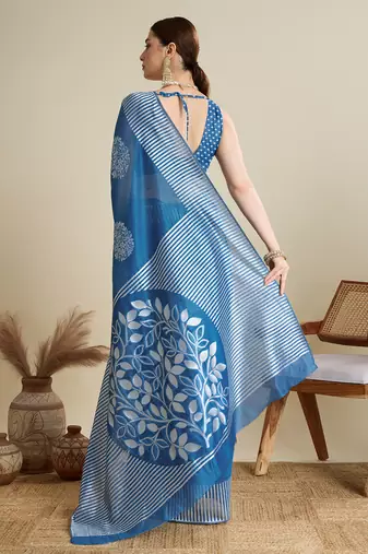 Blue woven cotton silk jacquard saree with blouse piece
