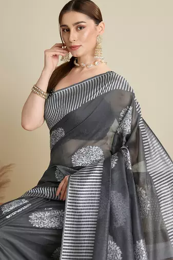 Grey woven cotton silk jacquard saree with blouse piece