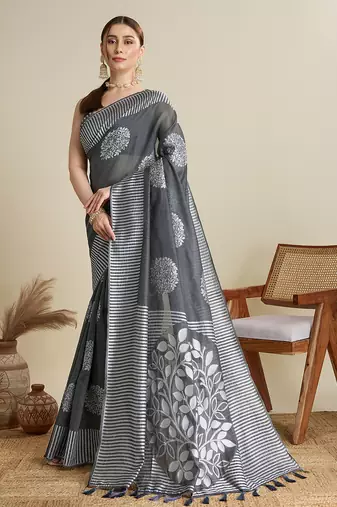 Grey woven cotton silk jacquard saree with blouse piece