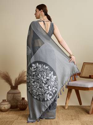 Grey woven cotton silk jacquard saree with blouse piece 5