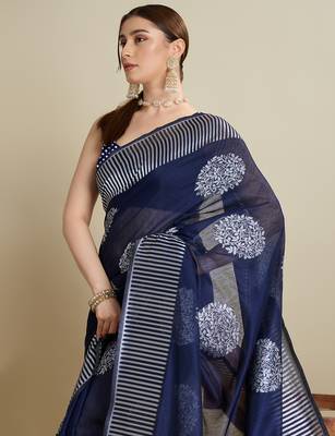 Navy blue woven cotton silk jacquard saree with blouse piece 2