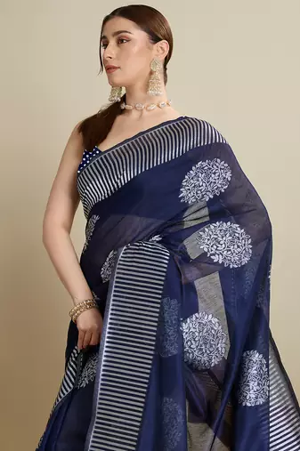 Navy blue woven cotton silk jacquard saree with blouse piece
