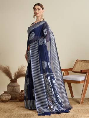 Navy blue woven cotton silk jacquard saree with blouse piece 4