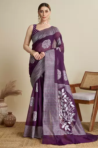 Purple woven cotton silk jacquard saree with blouse piece