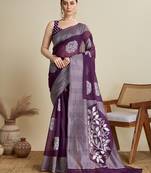 Purple woven cotton silk jacquard saree with blouse piece