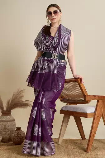 Purple woven cotton silk jacquard saree with blouse piece
