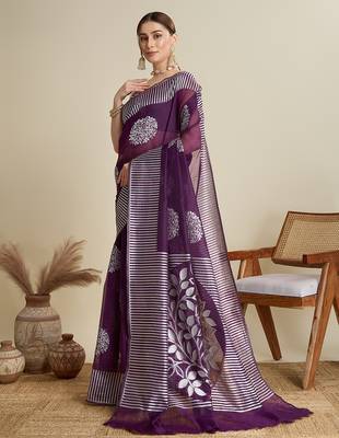 Purple woven cotton silk jacquard saree with blouse piece 4