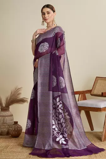 Purple woven cotton silk jacquard saree with blouse piece