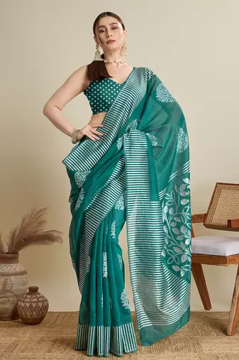 Teal woven cotton silk jacquard saree with blouse piece
