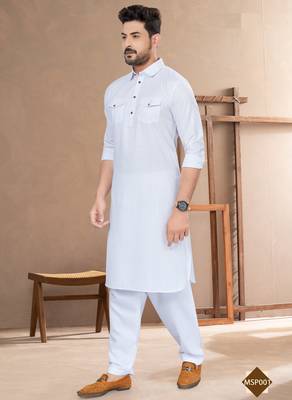 White cotton plain pathani suits for mens wear 1