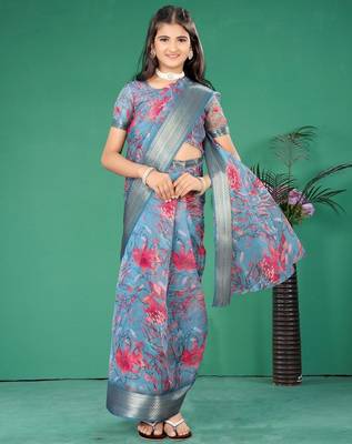Blue organza printed pre stitched saree with stitched blouse for girls 1