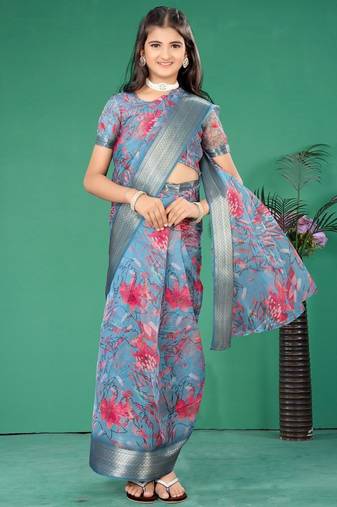 Blue organza printed pre stitched saree for girls