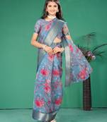 Blue organza printed pre stitched saree with stitched blouse for girls