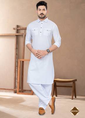 White cotton plain pathani suits for mens wear 2