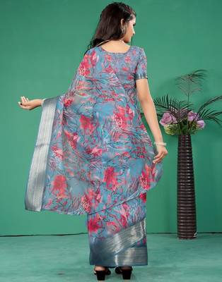 Blue organza printed pre stitched saree with stitched blouse for girls 2