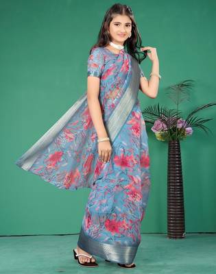 Blue organza printed pre stitched saree with stitched blouse for girls 3