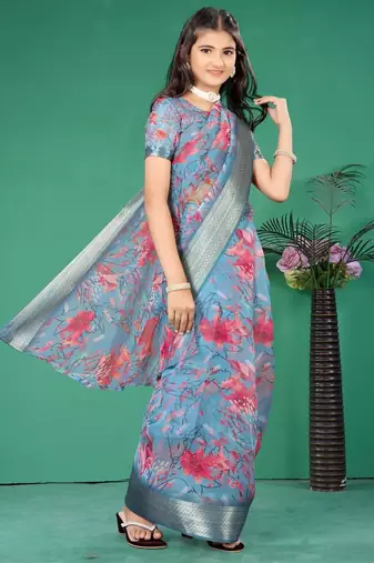 Blue organza printed pre stitched saree with stitched blouse for girls