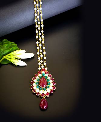 Statement multicolor floral maang tikka with pearl chain 1