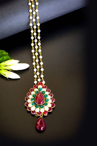 Statement multicolor floral maang tikka with pearl chain