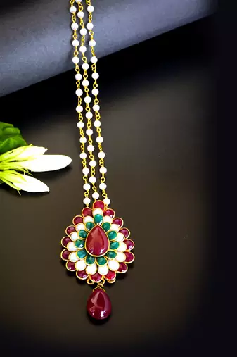 Statement multicolor floral maang tikka with pearl chain