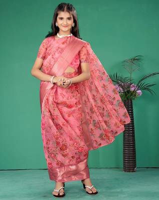 Pink organza printed pre stitched saree with stitched blouse for girls 1