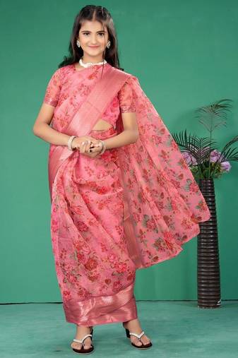 Pink organza printed pre stitched saree for girls