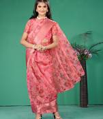 Pink organza printed pre stitched saree with stitched blouse for girls