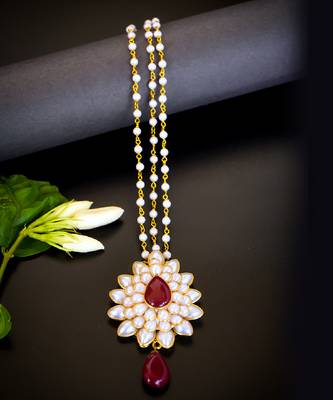   radiant pearl cluster maang tikka with maroon teardrop stone 1