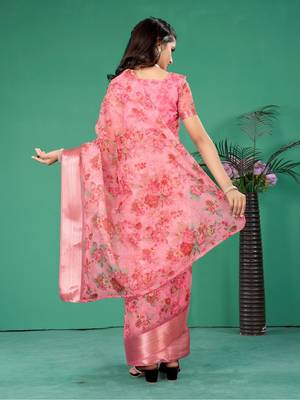 Pink organza printed pre stitched saree with stitched blouse for girls 2