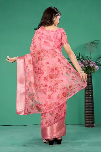 Pink organza printed pre stitched saree with stitched blouse for girls