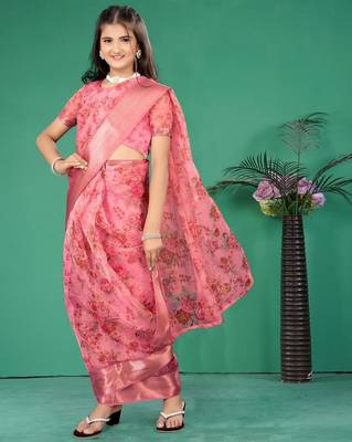 Pink organza printed pre stitched saree with stitched blouse for girls 3