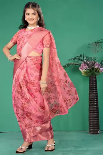 Pink organza printed pre stitched saree with stitched blouse for girls