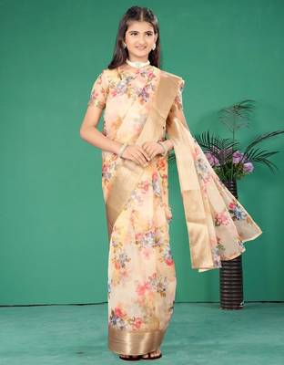 Yellow organza printed pre stitched saree with stitched blouse for girls 1