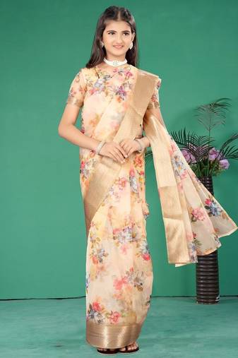 Yellow organza printed pre stitched saree for girls