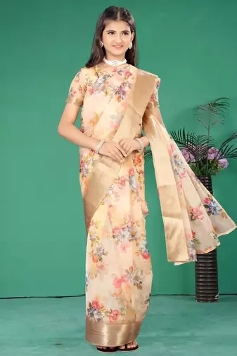 Yellow organza printed pre stitched saree for girls