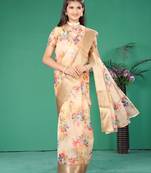 Yellow organza printed pre stitched saree with stitched blouse for girls