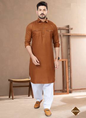 Dark brown cotton plain pathani suits for mens wear 2