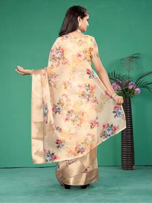 Yellow organza printed pre stitched saree with stitched blouse for girls 2