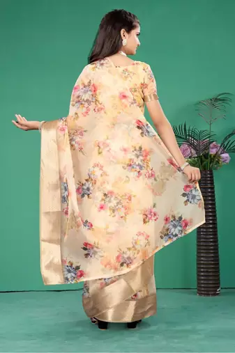 Yellow organza printed pre stitched saree with stitched blouse for girls