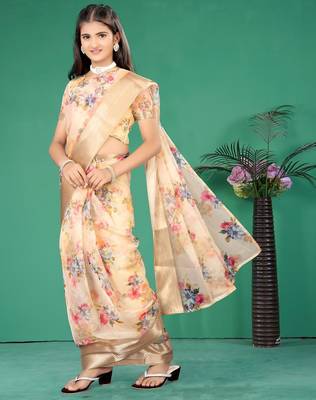 Yellow organza printed pre stitched saree with stitched blouse for girls 3