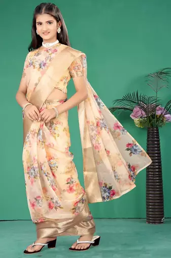 Yellow organza printed pre stitched saree with stitched blouse for girls