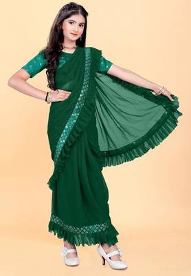 Green silk embroidered pre stitched saree with stitched blouse for girls 1