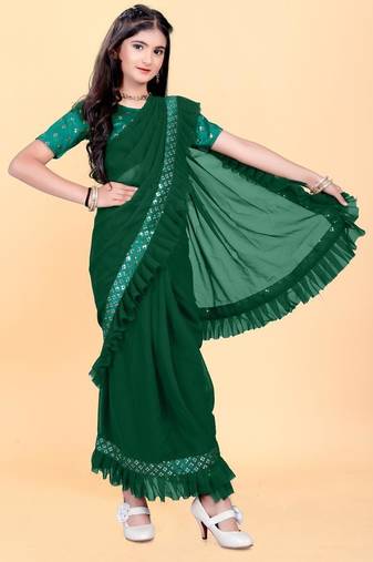 Green silk embroidered pre stitched saree whit unstitch blouse for girls