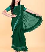 Green silk embroidered pre stitched saree with stitched blouse for girls