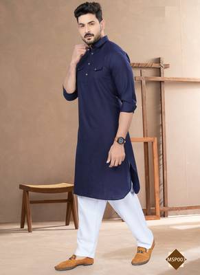 navy blue cotton plain pathani suits for mens wear 1