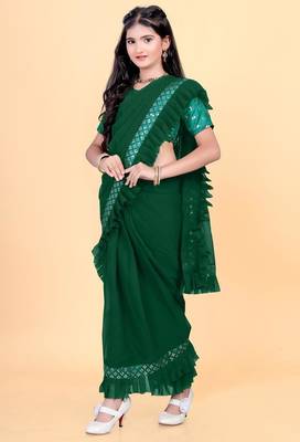 Green silk embroidered pre stitched saree with stitched blouse for girls 2